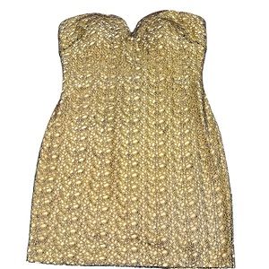 BEBE Vintage Gold Embroidery Strapless Mini Dress